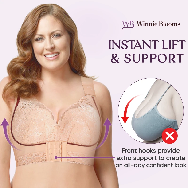 Winnie Blooms - Wireless Ultra-Supportive Double-Buckle Bra, Lift Push Up  Seamless Lace Bra with Front Buckle & Back Support (46D, Skin) : :  Home