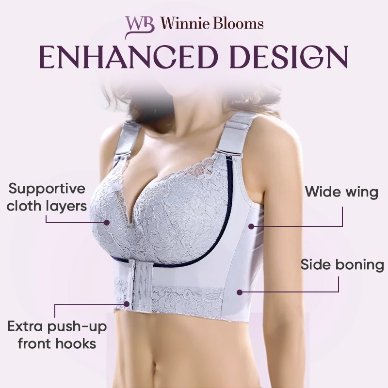 Winnie Blooms - Wireless Ultra-Supportive Double-Buckle Bra, Lift Push Up  Seamless Lace Bra with Front Buckle & Back Support (46D, Skin)