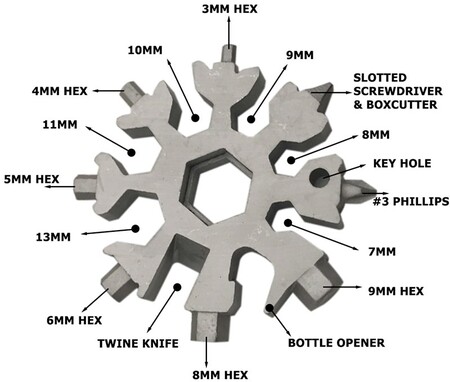Snowflake Multitool – 18-in-1 Stainless Steel Tool For Travel, Outdoors & Gifts